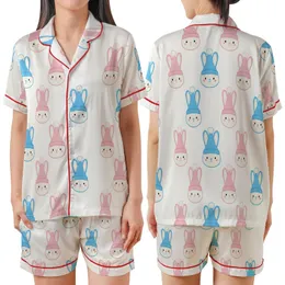 Adorable Chenille Bunny Pattern: Sky Blue & Pink Stylized Rabbit Seamless Print Satin Short-Sleeve Pajamas Set