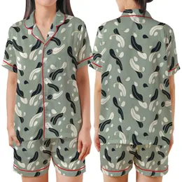 Bridesmaid Muted Sage Abstract Feather Pattern Luxury Loungewear Set with Removable Cuffs Satin Short-Sleeve Pajamas Set