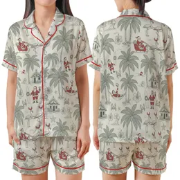 Vintage Tropical Christmas Design Pattern: Santa Flamingo Reindeer Beach Palm Toile Engraving Satin Short-Sleeve Pajamas Set