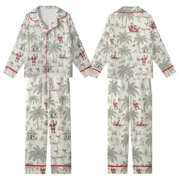 Vintage Tropical Christmas Design Pattern: Santa Flamingo Reindeer Beach Palm Toile Engraving Kid Satin Pajamas Set