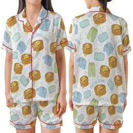 Pancakes & Pajamas Theme: Whimsical Golden Breakfast & Cozy Blue Green Pattern Pajamas Satin Short-Sleeve Pajamas Set