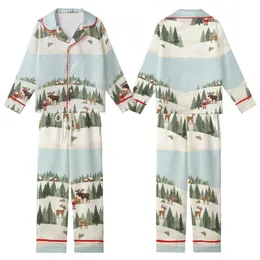Winter Wonderland Dream: Santa, Deer & Moose Snowy Forest Narrative - Hand-Drawn Storybook Graphic Kid Satin Pajamas Set
