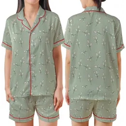 Women's Elegant Minimalist Botanical Sprigs Muted Sage Green Off-White Pattern Satin Short-Sleeve Pajamas Set