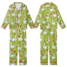 Festive Christmas Geese Pattern: Lime Green, Santa Hats, Lights, 'Merry Duckmas' - Whimsical Holiday Art Kid Satin Pajamas Set