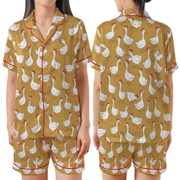Women's Funny White Geese Christmas Pajama Set with Santa Hats Satin Short-Sleeve Pajamas Set