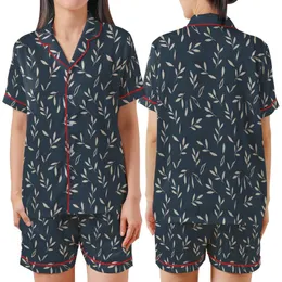Juliette Women's French Linen Pajamas: Charcoal Blue Organic Leaf Sleep Set Satin Short-Sleeve Pajamas Set