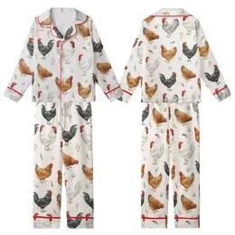 Women's Valentine Coquette Watercolor Farm Fowl Pajamas: Rooster, Hen & Wildflower Print Kid Satin Pajamas Set