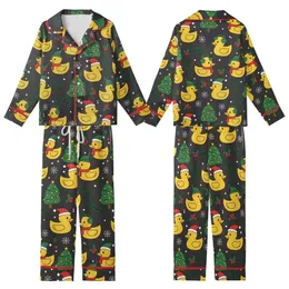 Festive Fan: Whimsical Christmas Duck Pattern with Santa Hats & Holly Berries - Unique Motif Kid Satin Pajamas Set