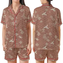 Japanese Art Lover: Terracotta-Rose Seigaiha Wave, Sakura & Crane All-Over Print Satin Short-Sleeve Pajamas Set