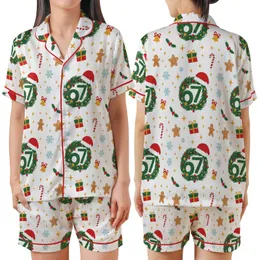 Holiday '67' Wreath Pajama Pants: Festive Snowflake, Gingerbread & Candy Cane Sleepwear Satin Short-Sleeve Pajamas Set