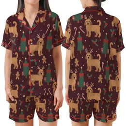 Golden Doodle Christmas Design: Whimsical Reindeer Dogs, Trees & Candy Cane Pattern Satin Short-Sleeve Pajamas Set