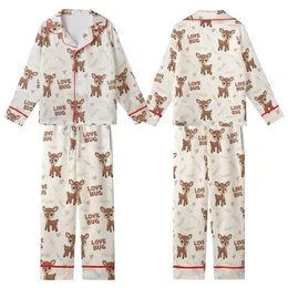 Gentle Loungewear: Cream Crocheted-Look Baby Deer & Love Bug Print Pajama Set Kid Satin Pajamas Set