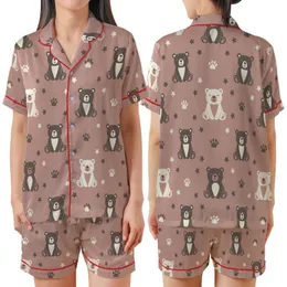 Cozy Bear Lover: Dusty Rose Taupe Whimsical Cartoon Bear Paw Print Comfort Wear Satin Short-Sleeve Pajamas Set