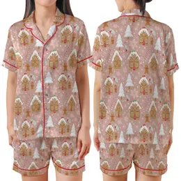 Blush Pink Gingerbread Village: Frosted Houses, Gumdrop Roofs, Snowflakes & Holly Pattern Satin Short-Sleeve Pajamas Set