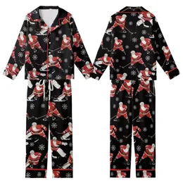 Santa Hockey Game: Dynamic Christmas Skaters & Snowflakes All-Over Pattern – Holiday Graphic Kid Satin Pajamas Set