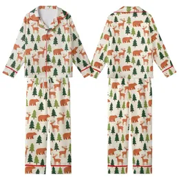 Cozy Woodland Animals: Illustrative Bear Deer Terracotta Green Pine Pattern Kid Satin Pajamas Set