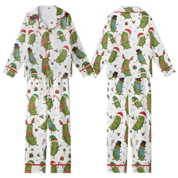 Whimsical Christmas Pickle Party: Festive Characters with Santa Hats, Antlers, & String Lights Print Kid Satin Pajamas Set