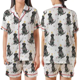 Black Lab Christmas Pajamas: Hand-Drawn Watercolor Dog & Gold Star Lights - Relaxed Jersey Knit Satin Short-Sleeve Pajamas Set