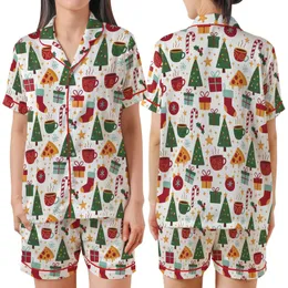 Festive Pizza Pajamas: Whimsical Christmas Tree, Candy Cane & Hot Cocoa Pattern - Cozy Holiday Sleep Set Satin Short-Sleeve Pajamas Set