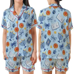 Festive Hanukkah Blue & Gold Menorah Dreidel Sufganiyot Watercolor Design Satin Short-Sleeve Pajamas Set
