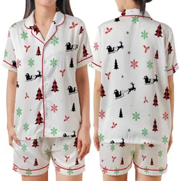 Holiday Decor: Rustic Reindeer Sleigh Seamless Pattern with Buffalo Plaid & Holly Satin Short-Sleeve Pajamas Set