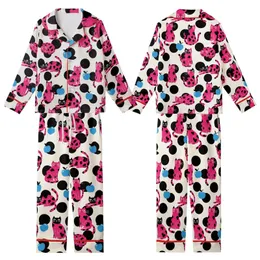 Cat Lovers' Whimsical Cream Hot Pink Flat Color Cartoon Cats Blue Apples Polka Dots Pattern Kid Satin Pajamas Set