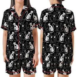 Cat Lovers' High-Contrast Black & White Cats Seamless Pattern with Stylized Hearts & Intertwined Tails Satin Short-Sleeve Pajamas Set