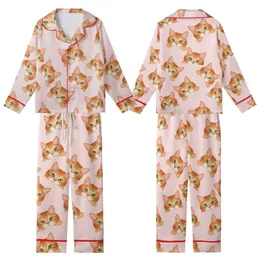 Cat Lovers' Realistic Illustrated Ginger Tabby Cats Playfully Peeking Seamless Warm Orange Brown Cream Soft Pink Pattern Kid Satin Pajamas Set