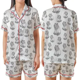 Women's Kawaii Capybara Sleep Set: Greyscale Blush Pink Imitation Silk Pajama Set Satin Short-Sleeve Pajamas Set