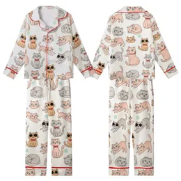 Cat Lovers' Whimsical Seamless Cartoon Cats Pattern: Light Pink, Peach, Gray Felines with Sunglasses & Red Bow Ties Kid Satin Pajamas Set