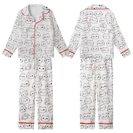 Cat Lovers' Whimsical White Pink Red Black Hand-Drawn Scattered Cartoon Cat Faces Hearts Pattern Kid Satin Pajamas Set