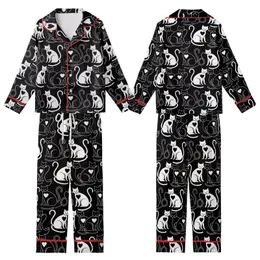 Cat Lovers' High-Contrast Black & White Cats Seamless Pattern with Stylized Hearts & Intertwined Tails Kid Satin Pajamas Set