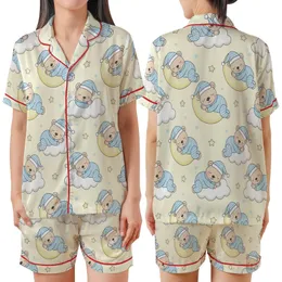 Whimsical Sleepy Bear Pastel Night Sky Digital Embroidery Design Kid Satin Pajamas Set