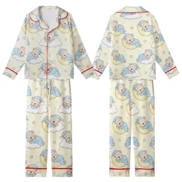 Whimsical Sleepy Bear Pastel Night Sky Digital Embroidery Design Kid Satin Pajamas Set