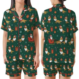 Bearded Dragon Christmas: Jovial Lizard Santa Sleigh Seamless Pattern Garment-Dyed Pajamas Satin Short-Sleeve Pajamas Set