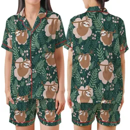 Women's Sloth Floral Pajama Pants: Tea-Loving Sloths & Rose-Pink Forest Foliage Satin Short-Sleeve Pajamas Set