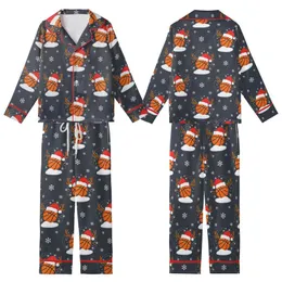 Basketball Lover's Whimsical Christmas Pattern: Santa Hat Hoops & Snowy Antlers Art Kid Satin Pajamas Set