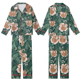 Women's Sloth Floral Pajama Pants: Tea-Loving Sloths & Rose-Pink Forest Foliage Kid Satin Pajamas Set
