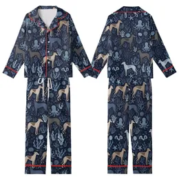 Women's Greyhound Lover Sleep Set: Midnight Blue Fawn Brindle Dog & Ocean Coral Pattern - Silky Stretch Kid Satin Pajamas Set