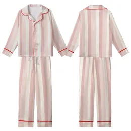 Women's Off-White Cream & Pastel Pink Rose Vertical Stripe Mulberry Silk Sleep Set Kid Satin Pajamas Set