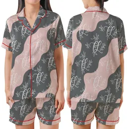 Satin Sleep Set: Intertwined Monogram & Botanical Pattern - Blush & Charcoal Kid Satin Pajamas Set