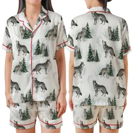 Winter Wolf Pack: Hand-Painted Watercolor Snowy Forest Seamless Art Satin Short-Sleeve Pajamas Set