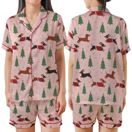 Family Dachshund Christmas Pajamas: Playful Dog & Star Pastel Pink Print - Soft Knit Sleep Set Satin Short-Sleeve Pajamas Set