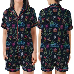 Women's Retro Neon Christmas Snowman Tree Holiday Polyester Spandex Sleep Set Satin Short-Sleeve Pajamas Set
