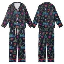 Women's Retro Neon Christmas Snowman Tree Holiday Polyester Spandex Sleep Set Kid Satin Pajamas Set