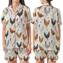 Women's Valentine Coquette Watercolor Farm Fowl Pajamas: Rooster, Hen & Wildflower Print Satin Short-Sleeve Pajamas Set