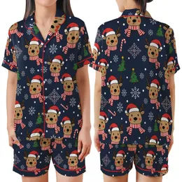 Family Holiday: Playful Reindeer & Snowflake Navy Pattern Long Sleeve Pajamas Satin Short-Sleeve Pajamas Set
