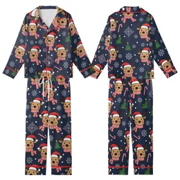 Family Holiday: Playful Reindeer & Snowflake Navy Pattern Long Sleeve Pajamas Kid Satin Pajamas Set