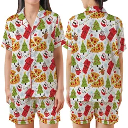 Whimsical Pizza Christmas: Hand-Drawn Holiday Food Pattern with Reindeer & Cocoa Print Satin Short-Sleeve Pajamas Set