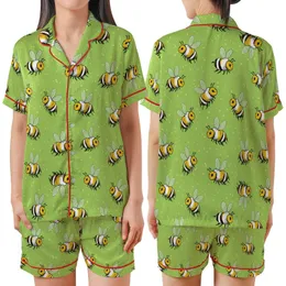 Women's Luxury Faux Silk Pajama Set: Whimsical Bee Print & Chartreuse Green Loungewear Satin Short-Sleeve Pajamas Set